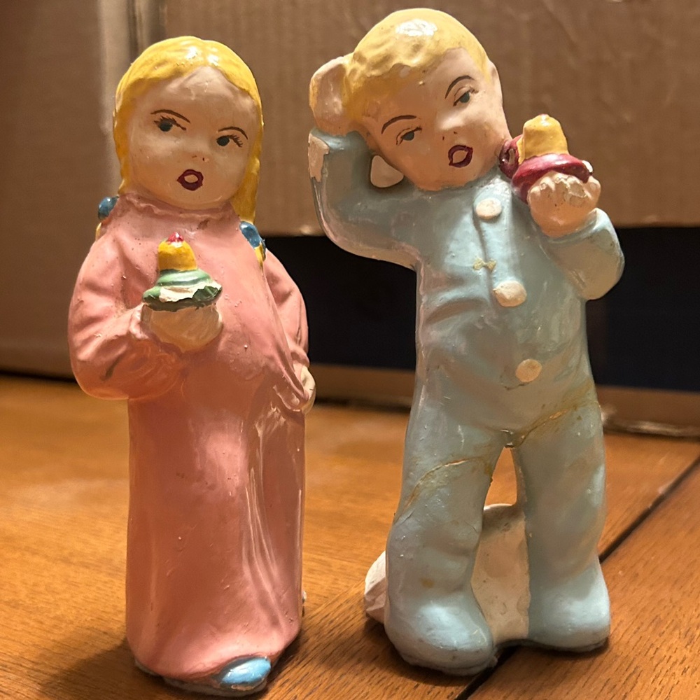 Vintage Boy & Girl with Candles Ceramic Figurine Set